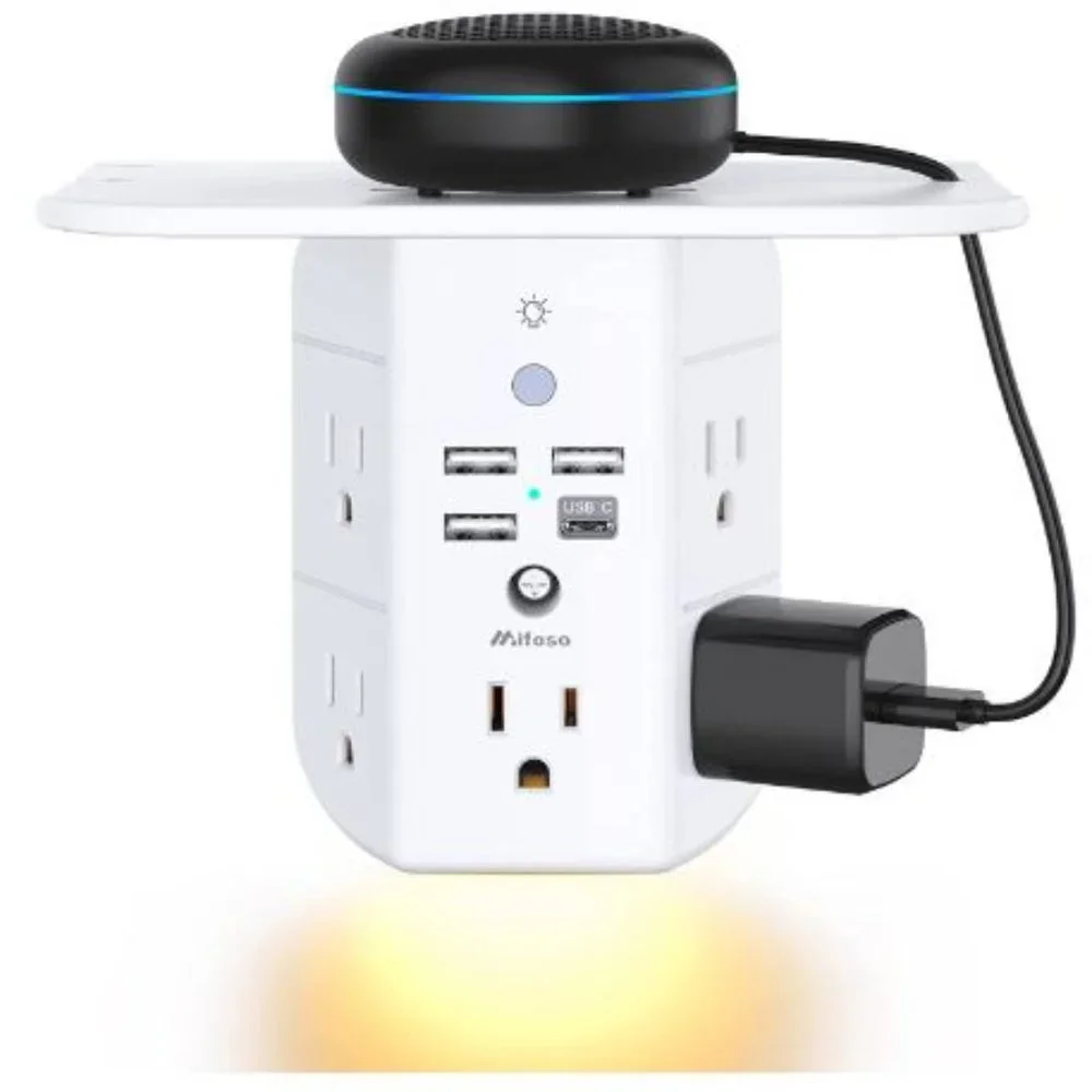Mifaso Wall Outlet Extender with Shelf and Night Light,Surge Protector, Charger